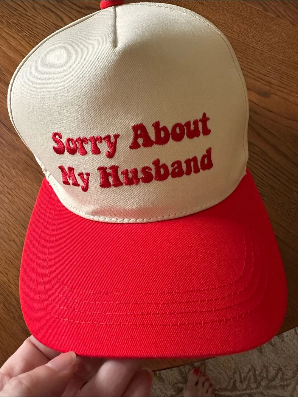 Sorry About My Husband Embroidered Baseball Cap - Cream & Red